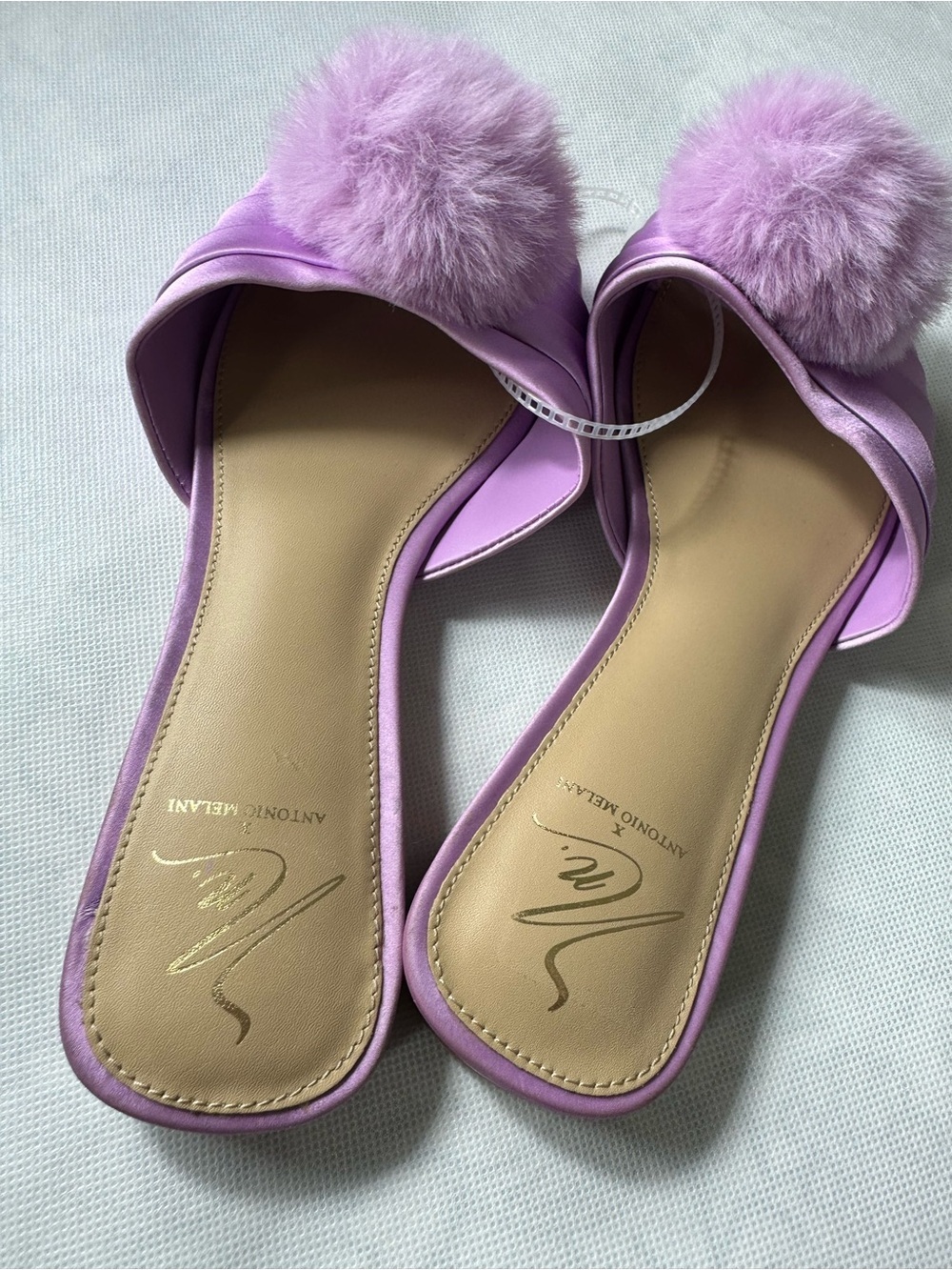 ANTONIO MELANI Lilac Pom-Pom Satin Slide Mules - Picture 3 of 10